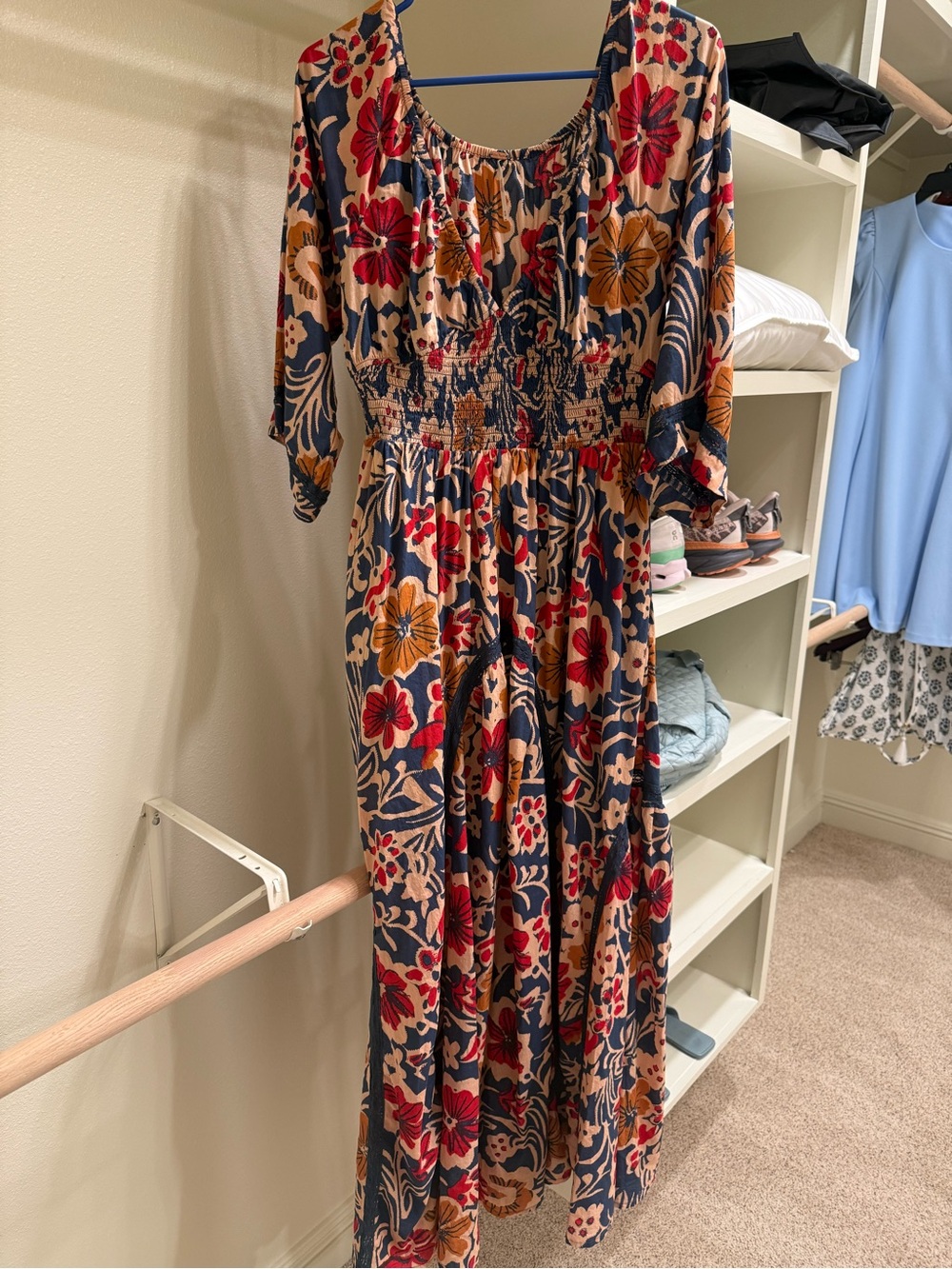 Free People Floral Maxi Dress in Navy, Red, and Mustard